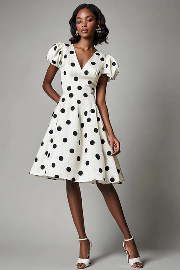 White Black V Neck Summer Polka Dots Dress with Puff Sleeves